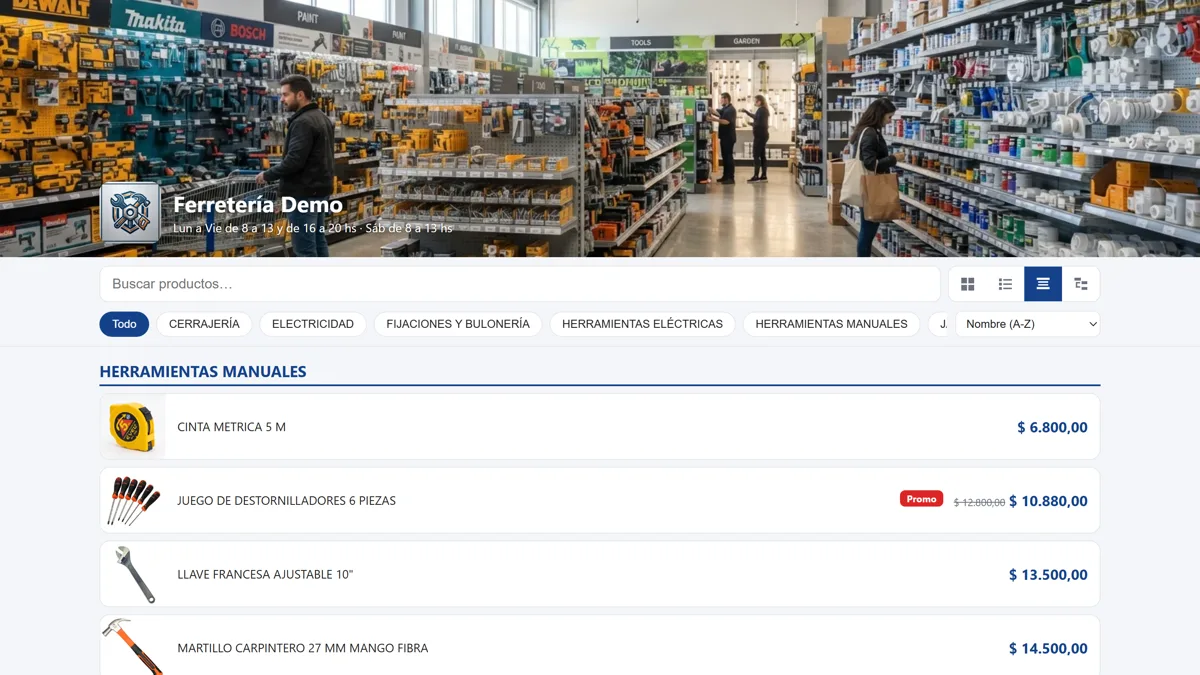 Catálogo online de una ferretería agrupado por rubro