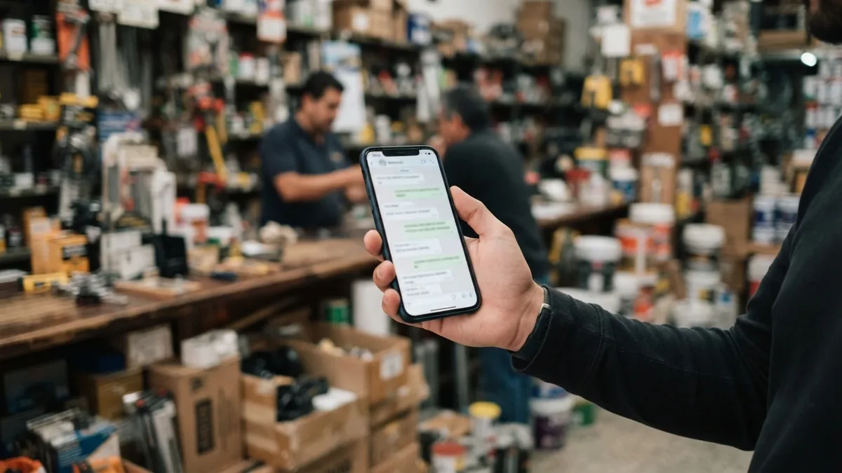 Cliente consultando un presupuesto de ferretería por WhatsApp en el celular