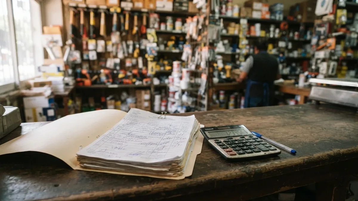 Carpeta con remitos firmados y calculadora en el mostrador de una ferretería